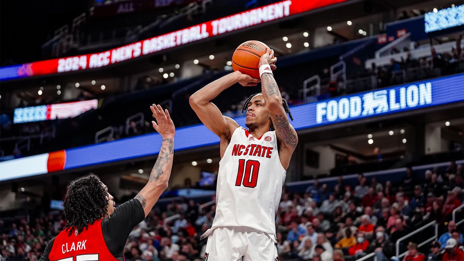 Breon Pass goes up for a jump shot against Louisville in the 2024 ACC Tournament
