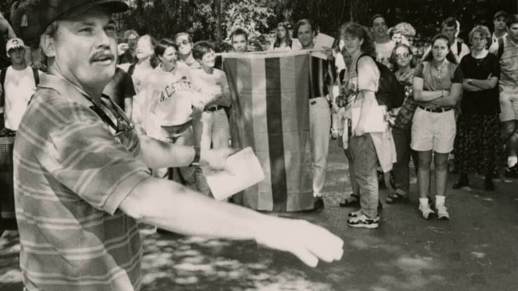 Gary Birdsong, AKA the Brickyard Preacher, addresses a crowd of students on NC State's campus in 1995.