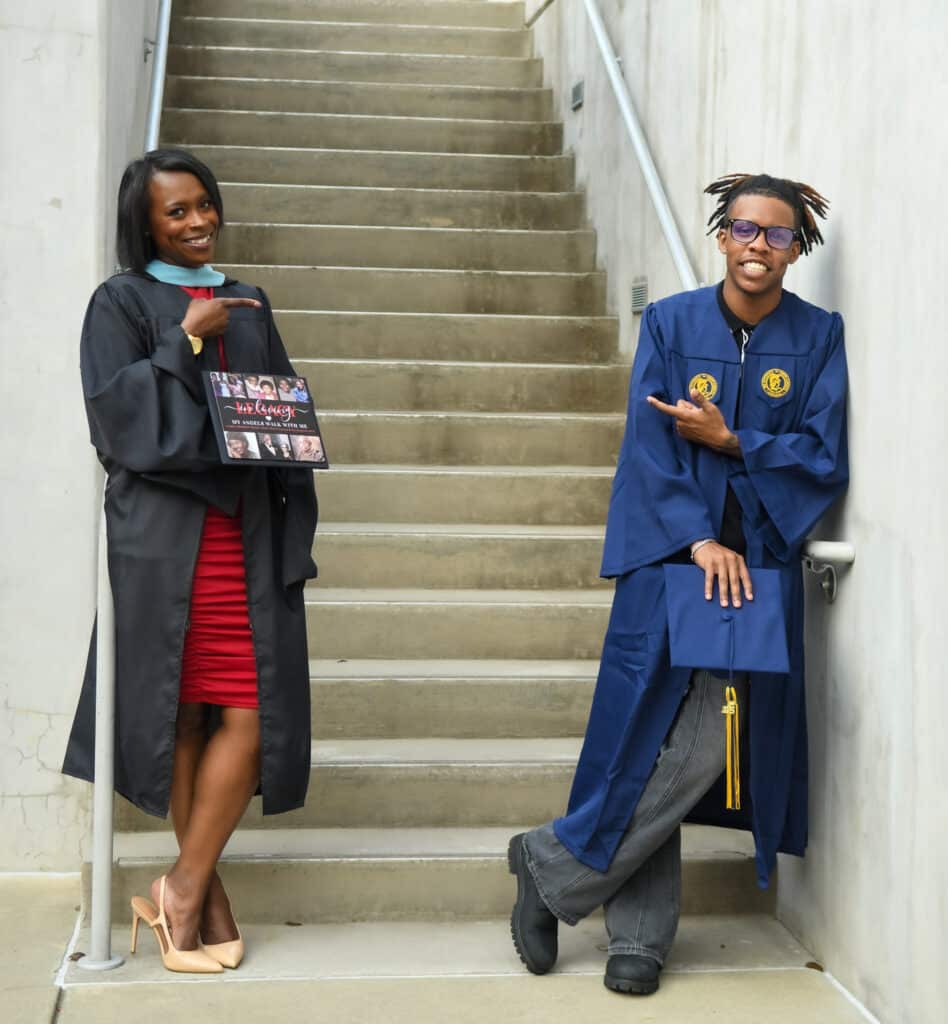 Carol Davis and her son, Ezekiel, pose for graduation photos together. The weekend after Carol receives her master's degree at NC State, Ezekiel will earn his bachelor's degree from the University of North Carolina at Greensboro. (Photo by Brittany Love Brown)