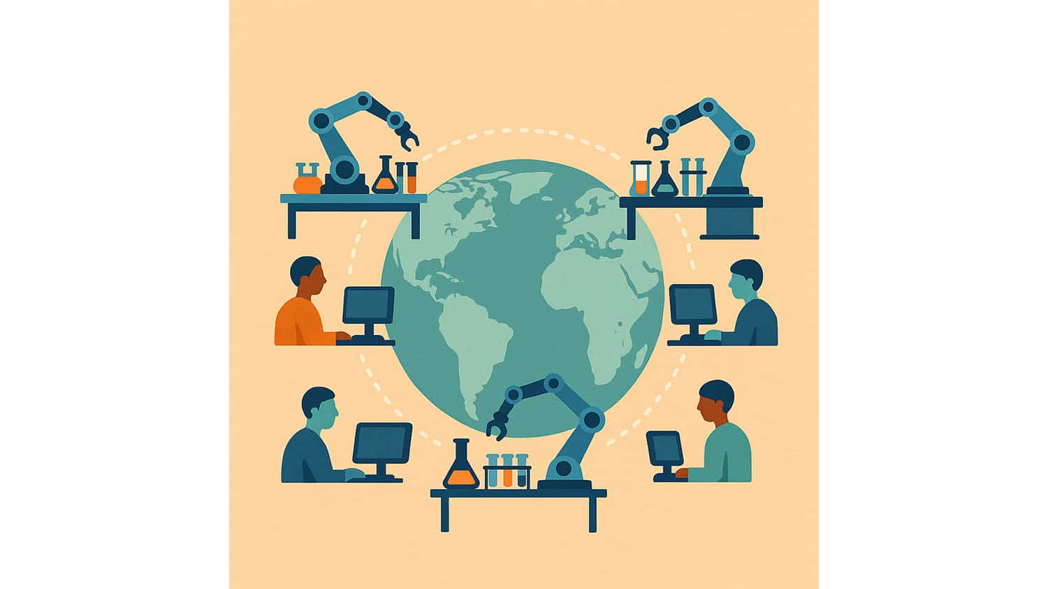 a stylized graphic shows three robots conducting chemistry experiments while four humans look at computer screens. there is a globe representing earth in the background