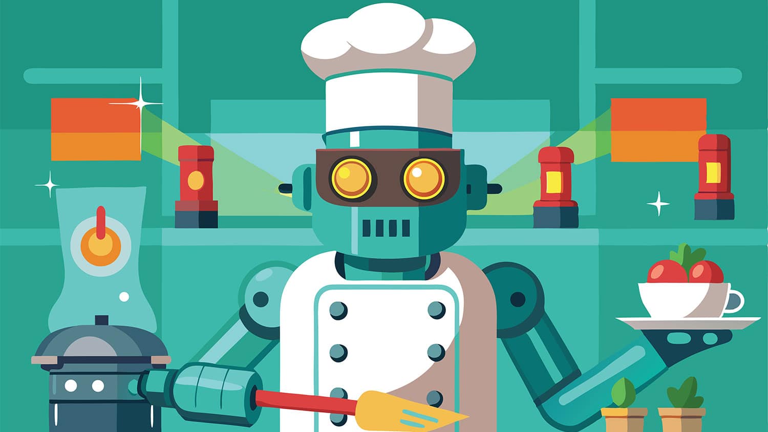 Illustrated graphic of a robot in a chef's hat and jacket.