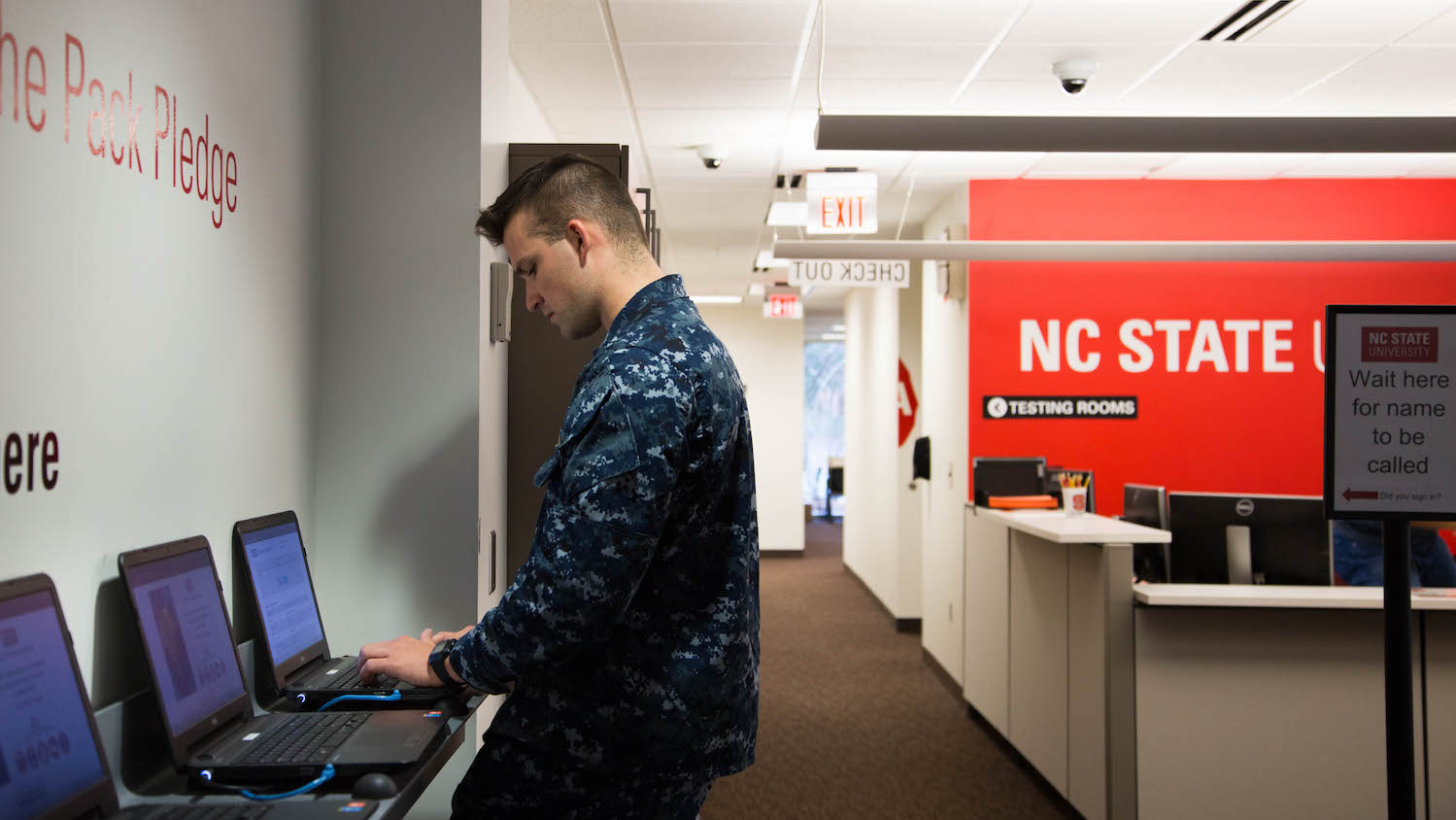 A student checks in to a testing center on Centennial Campus.