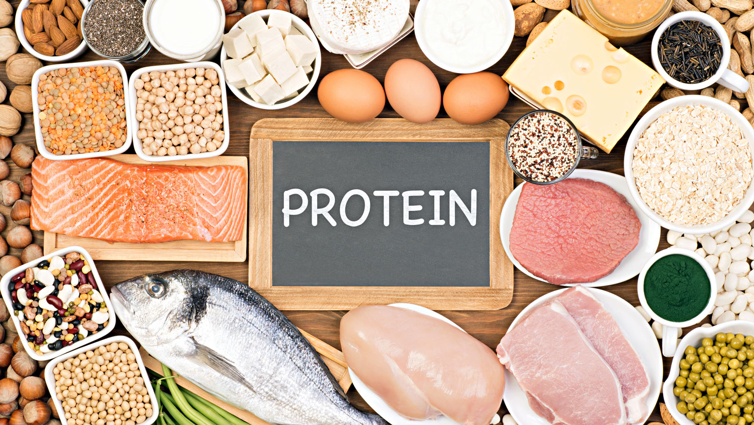 An array of protein-rich foods, including meat, poultry, fish, eggs, dairy products, beans, tofu, nuts and seeds, surrounding a chalkboard label of "protein."