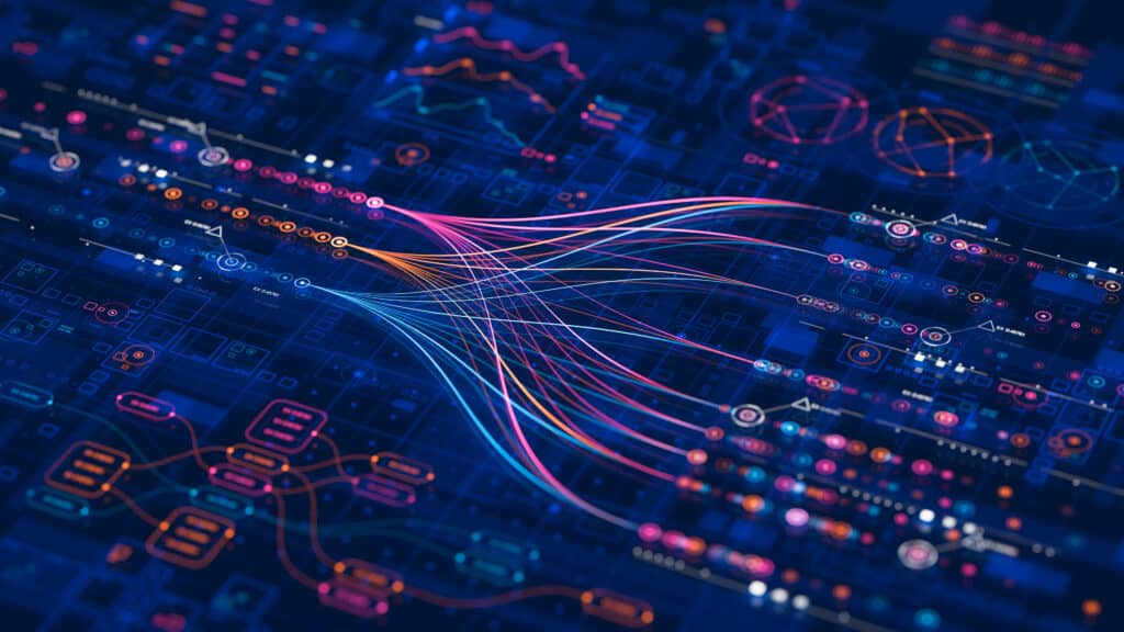 Big data technology Data science analyzing artificial intelligence generative AI deep learning machine learning algorithm Neural flow network analytics innovation abstract futuristic. 3d rendering.
