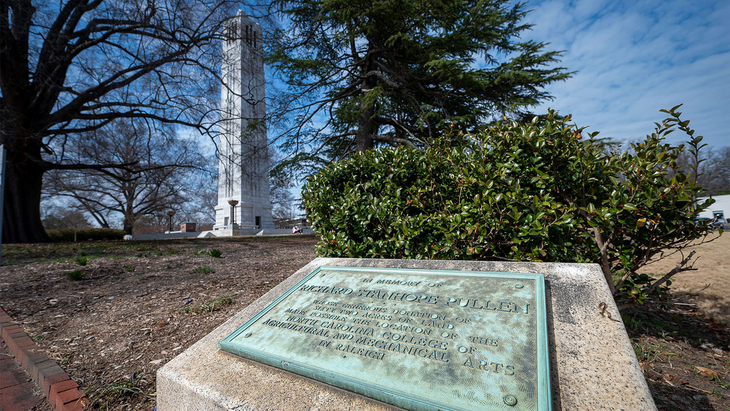 A plaque near the Memorial Belltower honors Richard Stanhope Pullen for donating the land that NC State University stands on today.