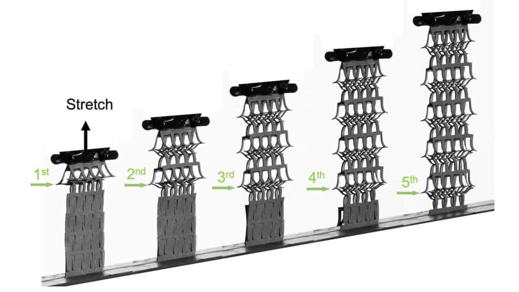the progression of kirigami-cut elastic metamaterials and how they respond when they are stretched