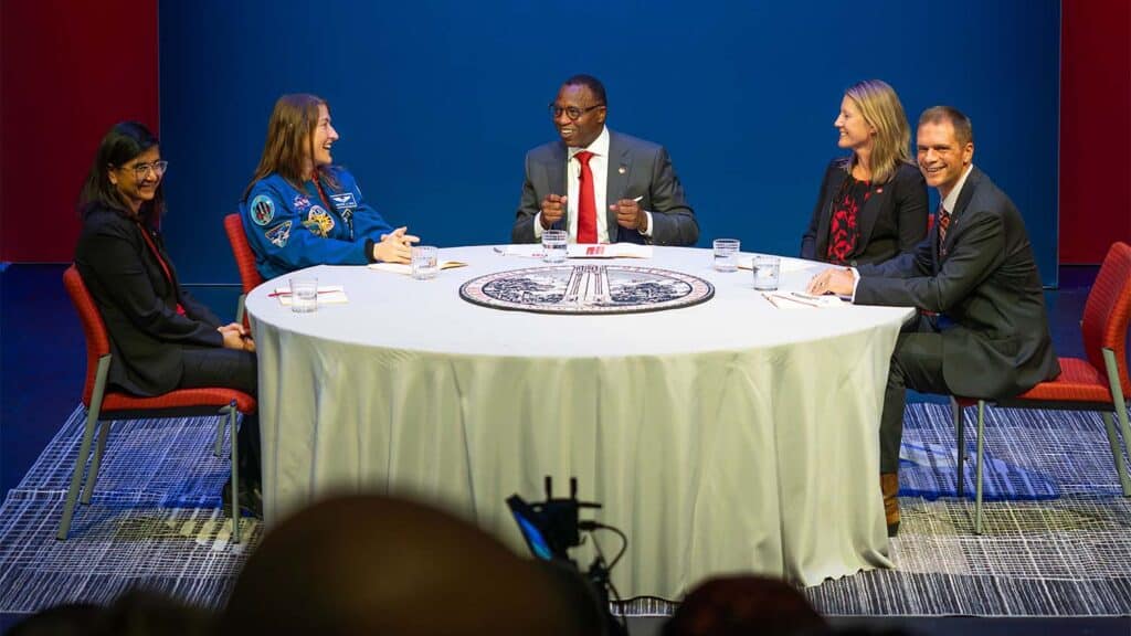 Koch participates in a panel discussion with Veena Misra, interim dean for the College of Engineering; Chancellor Howell; Krista Walton, vice chancellor for research and innovation; and Rodolphe Barrangou, the Todd R. Klaenhammer Distinguished Professor in the College of Agriculture and Life Sciences.
